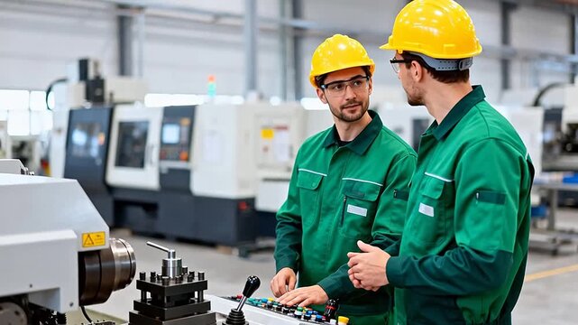 Two workers in green uniforms and yellow hard hats operate a machine in a factory setting.
