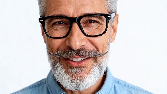 Close-up portrait of a smiling older man with a gray beard, mustache, and black glasses against a white background