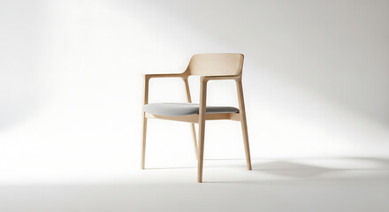 Fototapeta premium A light-colored wooden armchair with a gray upholstered seat is centered on a white background, with soft shadows and light creating a clean and