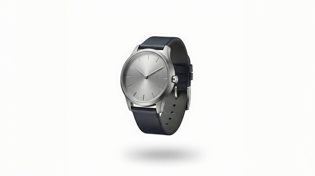 Modern silver watch with black leather strap on white background