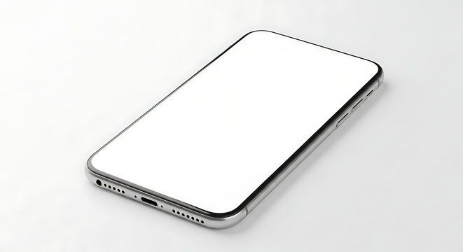 Silver smartphone with a large blank white screen tilted on a clean white background with a soft shadow and reflection