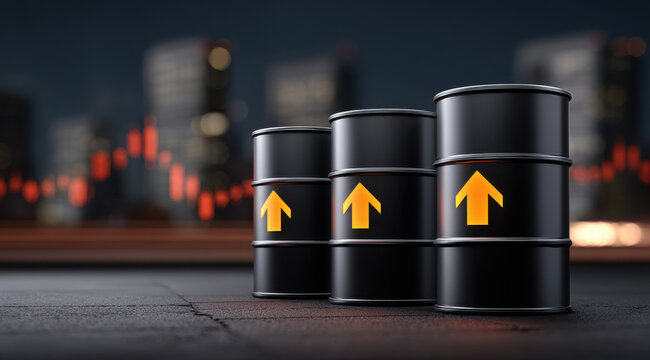 Rising oil barrel upward arrow market chart black barrel financial market price increase energy market commodity trade stock exchange investment trend