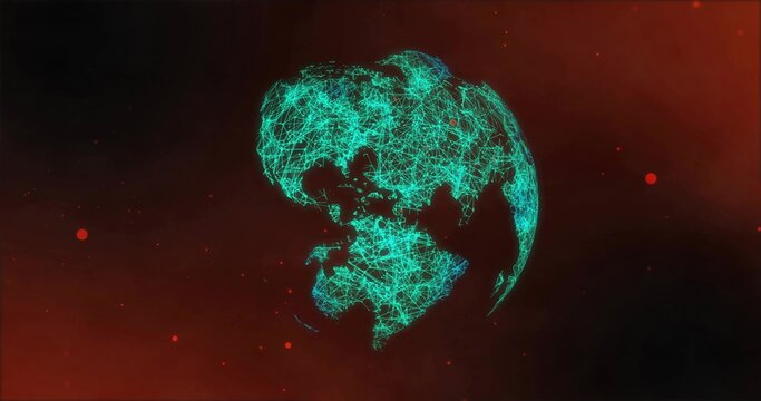 Rotating stylized globe forming teal lines in dark red space, showing glowing nodes and red glow