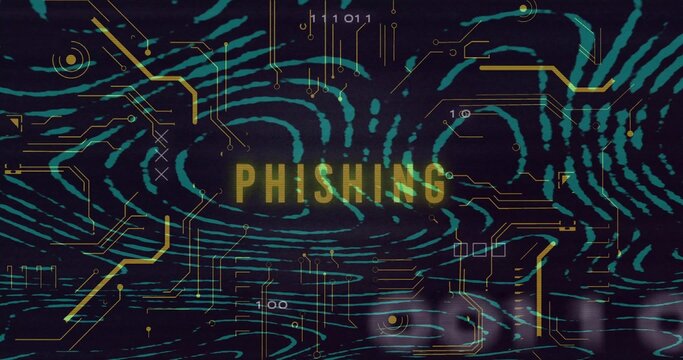 Displaying teal fingerprint and glowing PHISHING text on dark navy background with gold circuits
