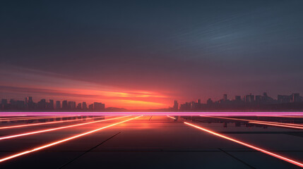 Obraz premium Glowing digital horizon over futuristic city skyline at sunset with neon light path and reflective surface
