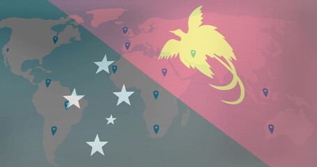 Dominating yellow bird silhouette on right over faint world map, teal pins and stars, copy space © vectorfusionart