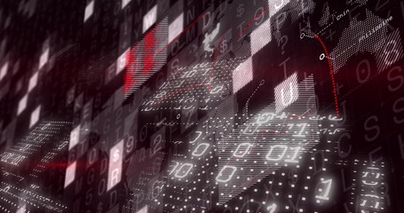 Fototapeta premium Glowing data wall moving in data corridor, showing binary and alphanumeric characters, tiles