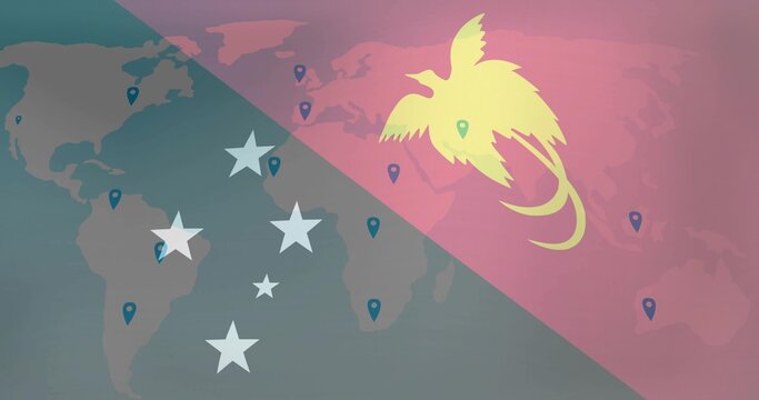 Dominating yellow bird silhouette on right over faint world map, teal pins and stars, copy space
