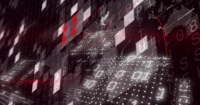 Glowing data wall moving in data corridor, showing binary and alphanumeric characters, tiles