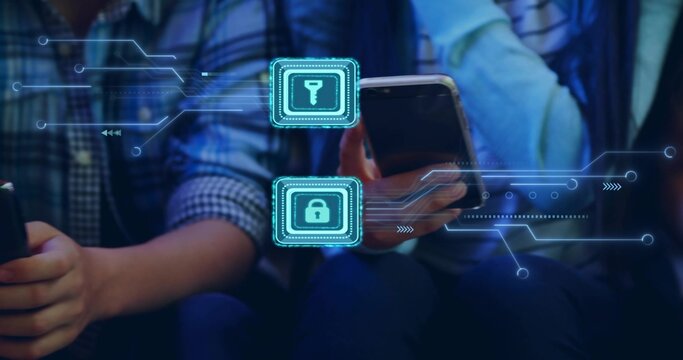 Plaid-shirted and denim-jacketed adults tapping phones in dim lounge with hologram key and padlock