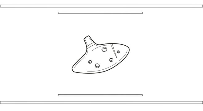 Elegant monochrome line art illustration of a classical ceramic ocarina wind instrument design