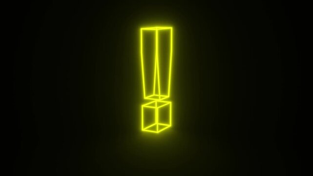 Exclamation Yellow Color Mark Glowing and Rotating on Black Background