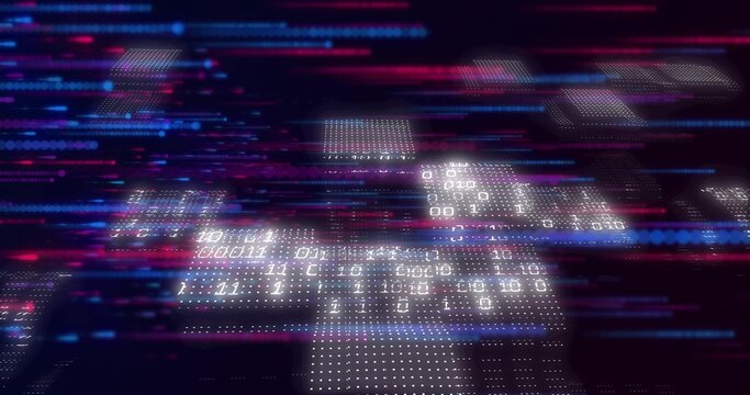 Pulsing cluster of binary-digit panels floating in digital plane, with neon streaks