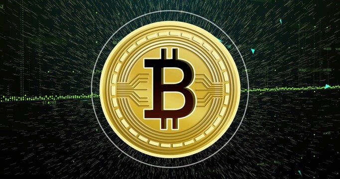 Floating gold Bitcoin coin rotating within digital dashboard, showing embossed B and price line