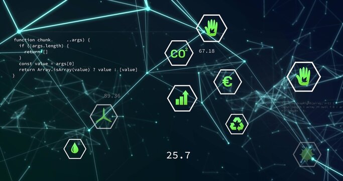 Displaying central network visual pulsing across virtual UI, showing hex badges and numeric labels
