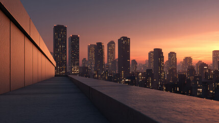 Obraz premium City skyline at dusk from rooftop terrace with glowing high rise tower and warm sunset light