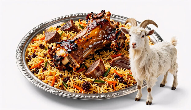 Minimalist Eid Al Adha Dinner Invite with Mutton Gravy and Goat Icon,Traditional Muslim Cuisine Mutton Stew for Bakra Eid Celebration,3d products photography 