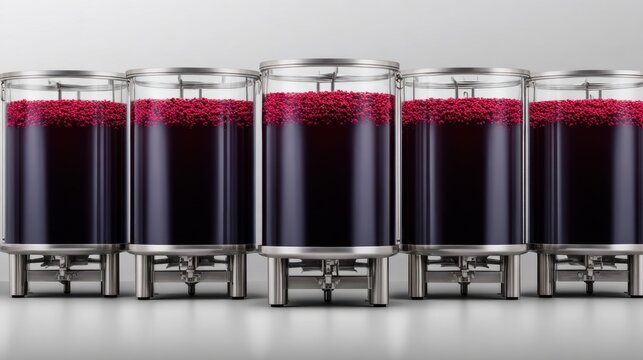 Five stainless steel containers filled with dark liquid, each topped with vibrant red bubbles