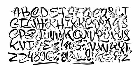 Hand drawn alphabet and numbers in expressive black brushstroke calligraphy © Tarun
