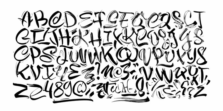 Hand drawn alphabet and numbers in expressive black brushstroke calligraphy