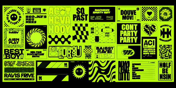 Collage of vibrant neon green and black graphic design elements and text