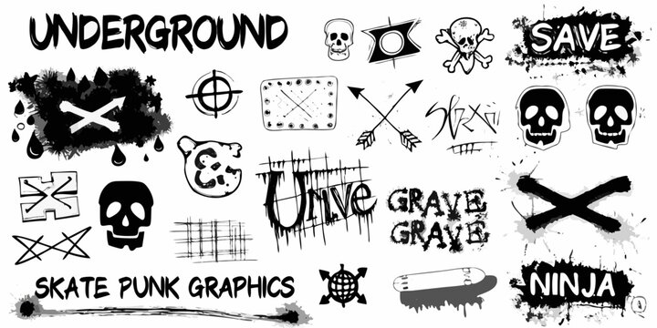 Collection of rebellious grunge style graffiti and punk inspired graphics