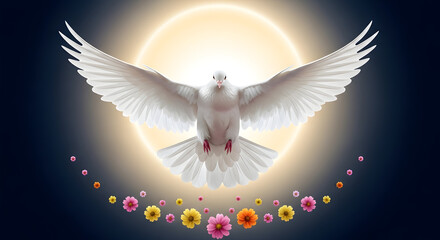 Fototapeta premium White dove flying towards sun with flowers