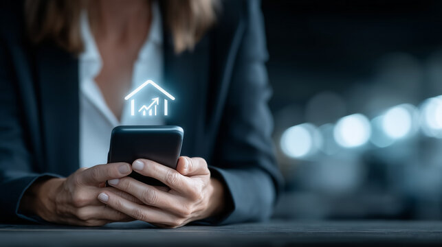 Property Investment via Mobile: A focused professional, elegantly attired, navigates a mobile app with a holographic property icon, epitomizing modern real estate interaction and smart investments.