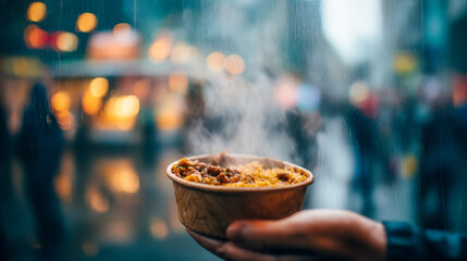 Fototapeta premium Warm bowl of food held in hand on a rainy street in a busy city at dusk