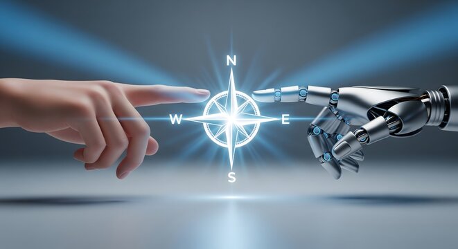 Human hand and robotic hand pointing toward a glowing digital compass rose symbolizing direction and ethics in artificial intelligence technology.