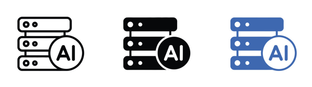 AI, server and data center technology icon illustrating cloud, digital infrastructure, network, storage, and computing systems in modern artificial intelligence concept design.