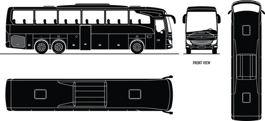 Black bus silhouettes collection, passenger coach, public transport vehicle, multiple viewing angles, front side top, travel transit vector design illustration © Sabbir's World