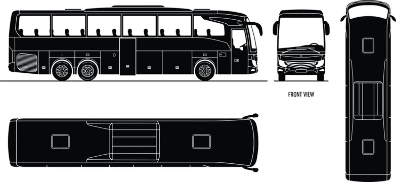 Black bus silhouettes collection, passenger coach, public transport vehicle, multiple viewing angles, front side top, travel transit vector design illustration
