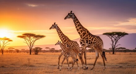 Obraz premium Three giraffes, including an adult and a juvenile, walk across the African savanna at sunset, framed by silhouetted acacia trees under an orange and purple sky, conveying a sense of peace and...