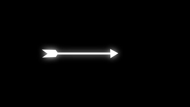 White arrow moving horizontally against black background with glowing effect horizontal movement direction forward progress horizontal movement direction forward progress