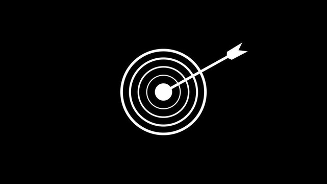 White arrow hitting bullseye on target with concentric circles on black background center success goal aim precision center success goal aim precision