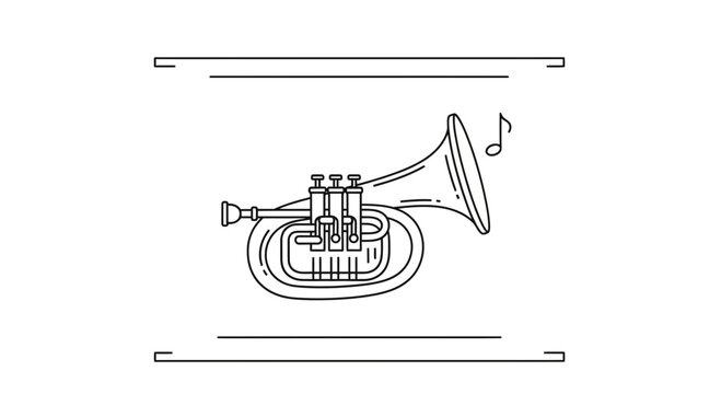 Clean line art depiction of a brass euphonium instrument, with a musical note, within a simple frame