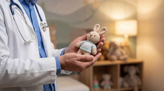 Doctor holding medicine bottle and teddy bear in pediatric healthcare environment 