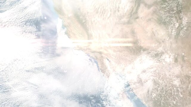 Earth zoom in from space and focus on Rancho Cucamonga, California, USA. Background for travel intro or blog. Satellite view. 3D style Animation. Images from NASA.