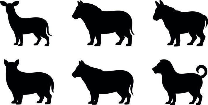 Farm animal silhouette icon set with goat sheep donkey and livestock collection in minimalist style