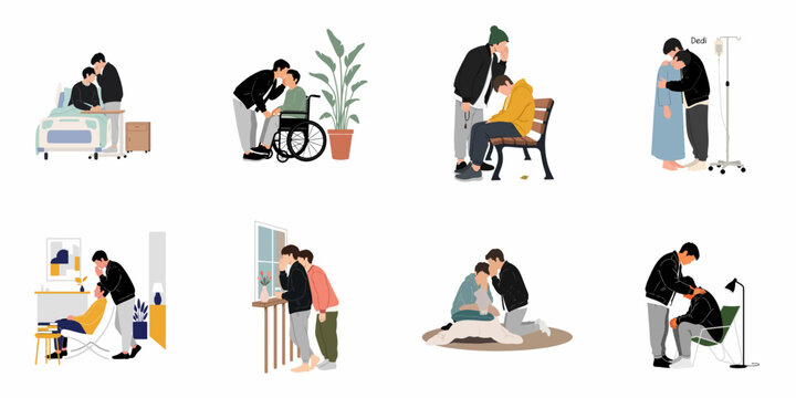 Set of flat illustrations depicting a man providing comfort and emotional support to a friend or partner during illness, sadness, and difficult times.