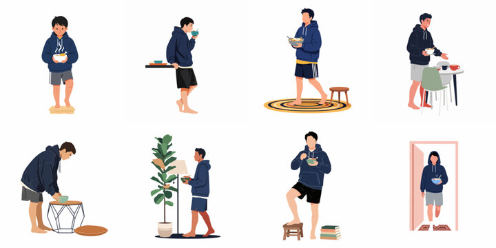 Set of flat vector illustrations of a young man in a blue hoodie performing daily activities including eating food from a bowl.