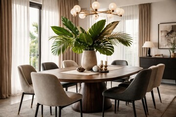 Fototapeta premium Stylish dining room interior with modern chairs and tropical leaf vase centerpiece