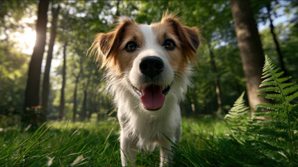 Fototapeta premium Playful dog in park happy dog green grass forest background close up smiling dog sunny day nature scene