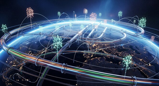 Global Digital Network Infrastructure Connecting Continents Across a Dark World Map with Glowing Fiber Optic Data Cables for Telecommunications