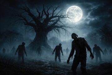 Fototapeta premium Eerie Halloween night with zombies wandering near a dead tree under a full moon and foggy sky