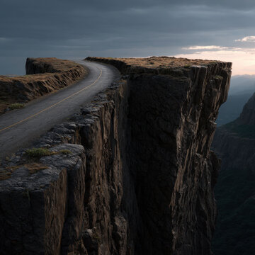 Cliff road mountain road edge road steep cliff rocky cliff narrow road curved road dark sky dramatic landscape danger abyss valley rock stone ridge escarpment drop remote wilderness rugged nature