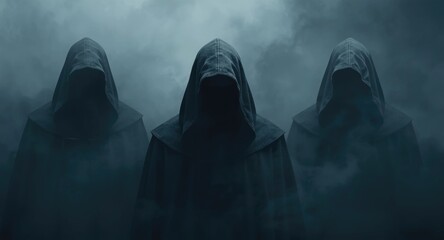 Three hooded characters in dark robes shrouded by a mysterious fog