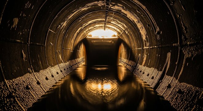 Inside a dark, circular tunnel with water reflecting light at the end, suggesting an underground passage or industrial conduit
