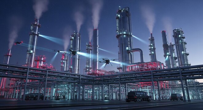 Futuristic industrial complex with drones and vehicles under a vibrant sky